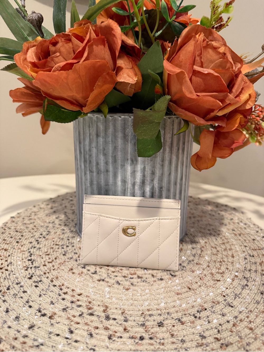 Coach Essential Card Case in Chalk/Brass with pillow quilting